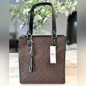 Jones New York Monogram Tote Brown Black Leather Trim Structured Work Bag